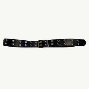 NWT Black Pleather Star Shaped Eyelet Belt Black and Silver 42" Max Length
